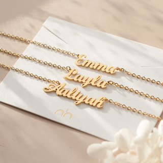 English name necklace with three different examples, in 18K plated gold